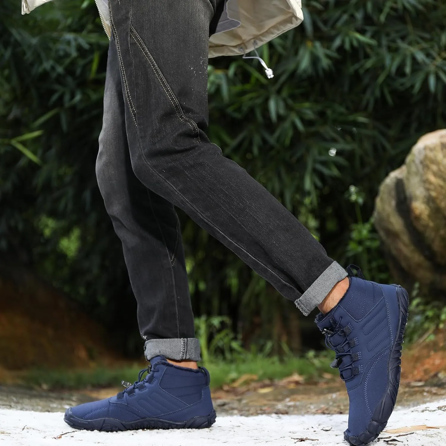 Mens Winter Barefoot Hiking Boots Slip-On Warm Zero Drop Snow Boots with Wide Toe Box Ankle Bootie Cut Minimalist Waterproof Five-Finger Sneakers for Hiking Walking Outdoor Adventures Unisex Design