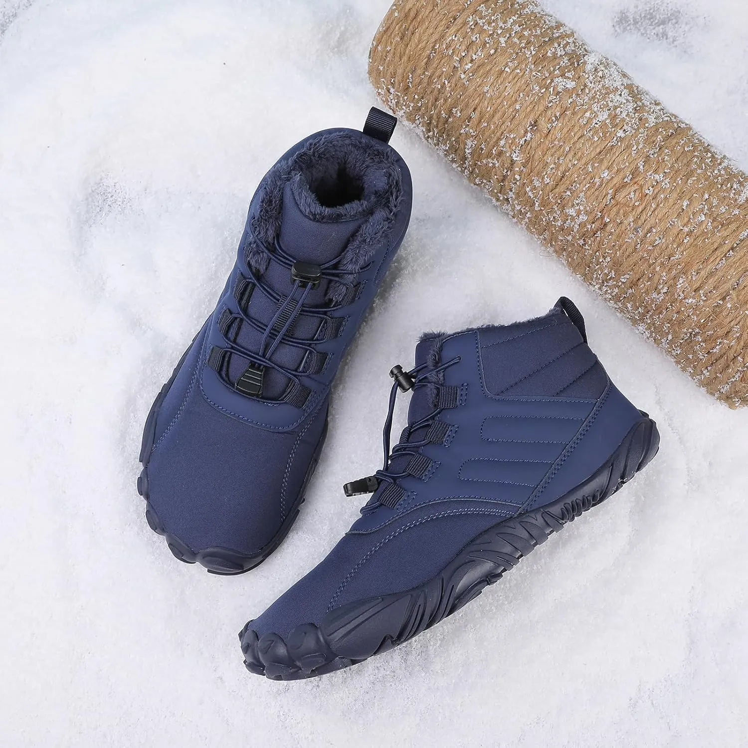 Mens Winter Barefoot Hiking Boots Slip-On Warm Zero Drop Snow Boots with Wide Toe Box Ankle Bootie Cut Minimalist Waterproof Five-Finger Sneakers for Hiking Walking Outdoor Adventures Unisex Design