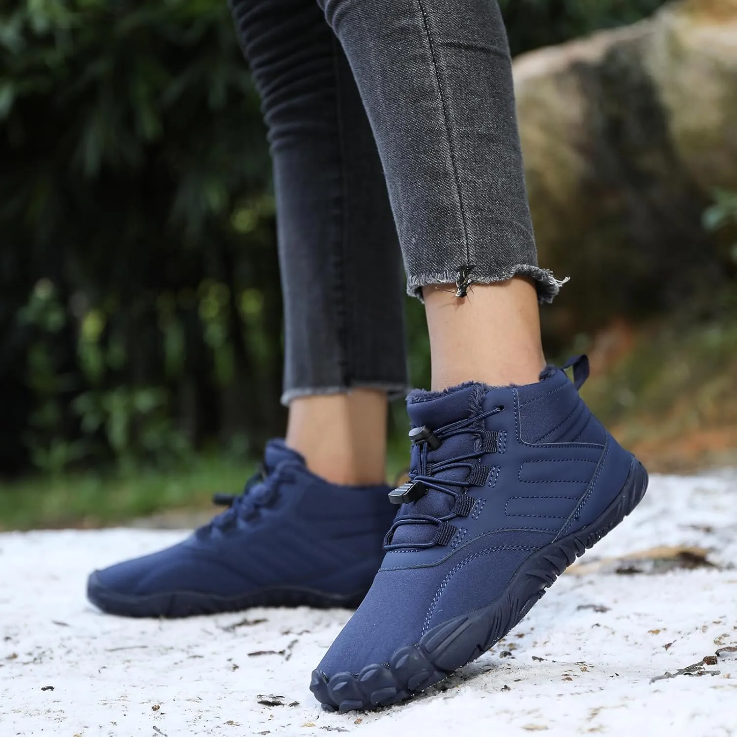 Mens Winter Barefoot Hiking Boots Slip-On Warm Zero Drop Snow Boots with Wide Toe Box Ankle Bootie Cut Minimalist Waterproof Five-Finger Sneakers for Hiking Walking Outdoor Adventures Unisex Design