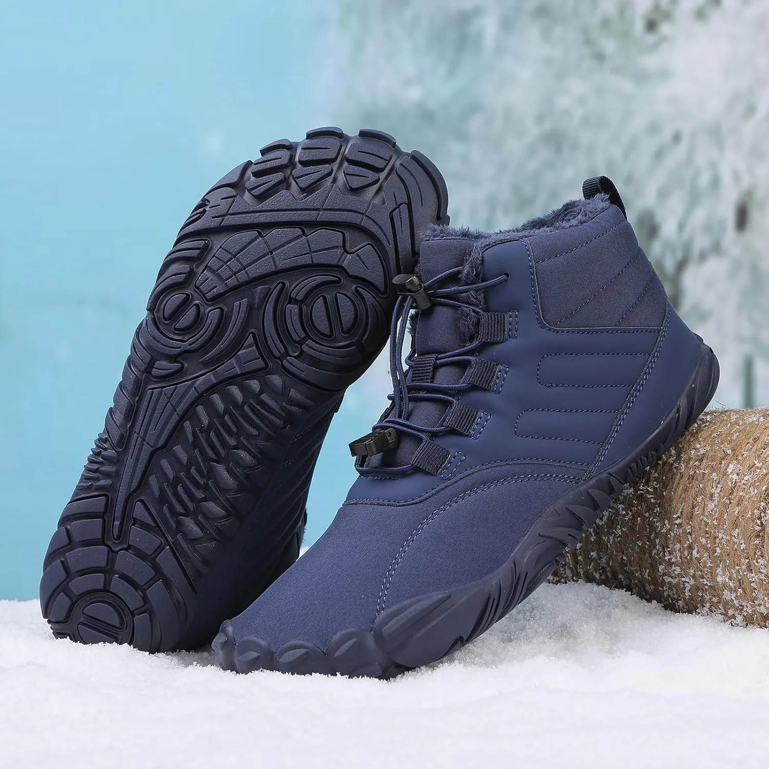 Mens Winter Barefoot Hiking Boots Slip-On Warm Zero Drop Snow Boots with Wide Toe Box Ankle Bootie Cut Minimalist Waterproof Five-Finger Sneakers for Hiking Walking Outdoor Adventures Unisex Design