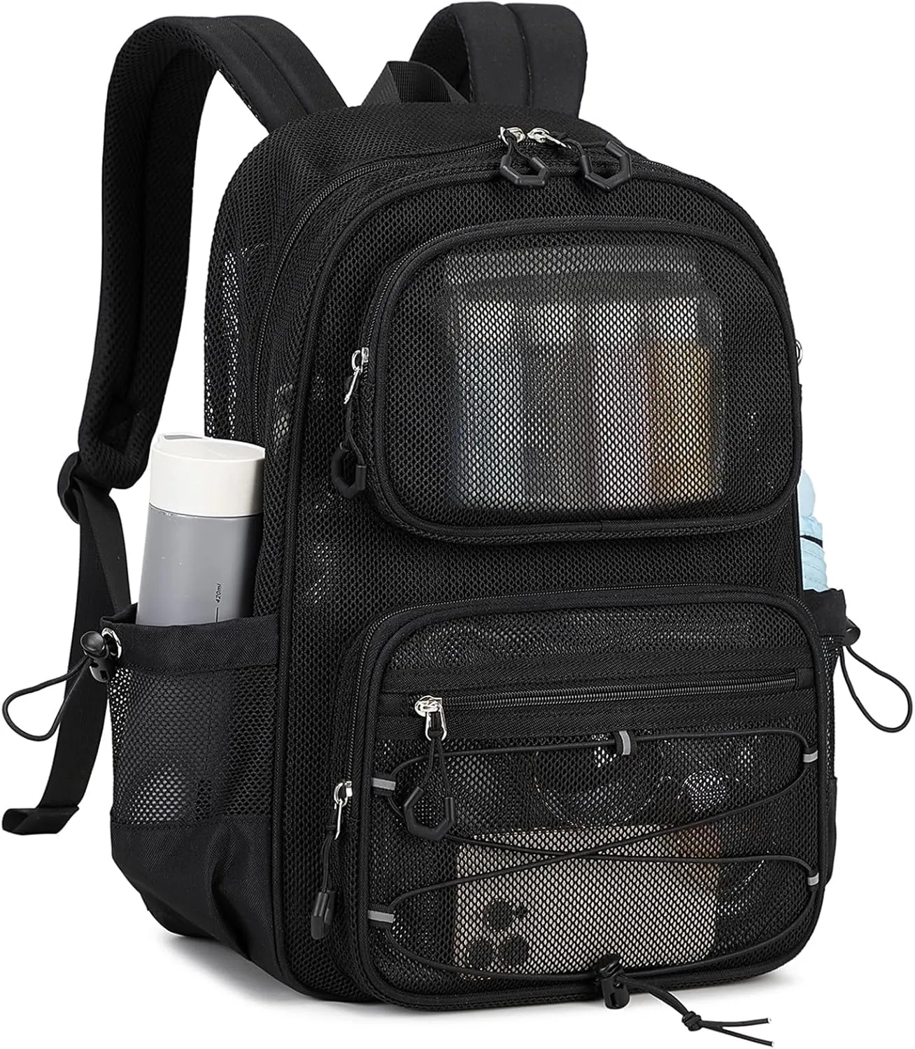 Mesh Backpack, Heavy Duty See Through Backpack Ultra-Lightweight Net Bookbag Breathable Transparent Bookbag for School Beach Sports Gym Travel, Black