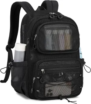 Mesh Backpack, Heavy Duty See Through Backpack Ultra-Lightweight Net Bookbag Breathable Transparent Bookbag for School Beach Sports Gym Travel, Black
