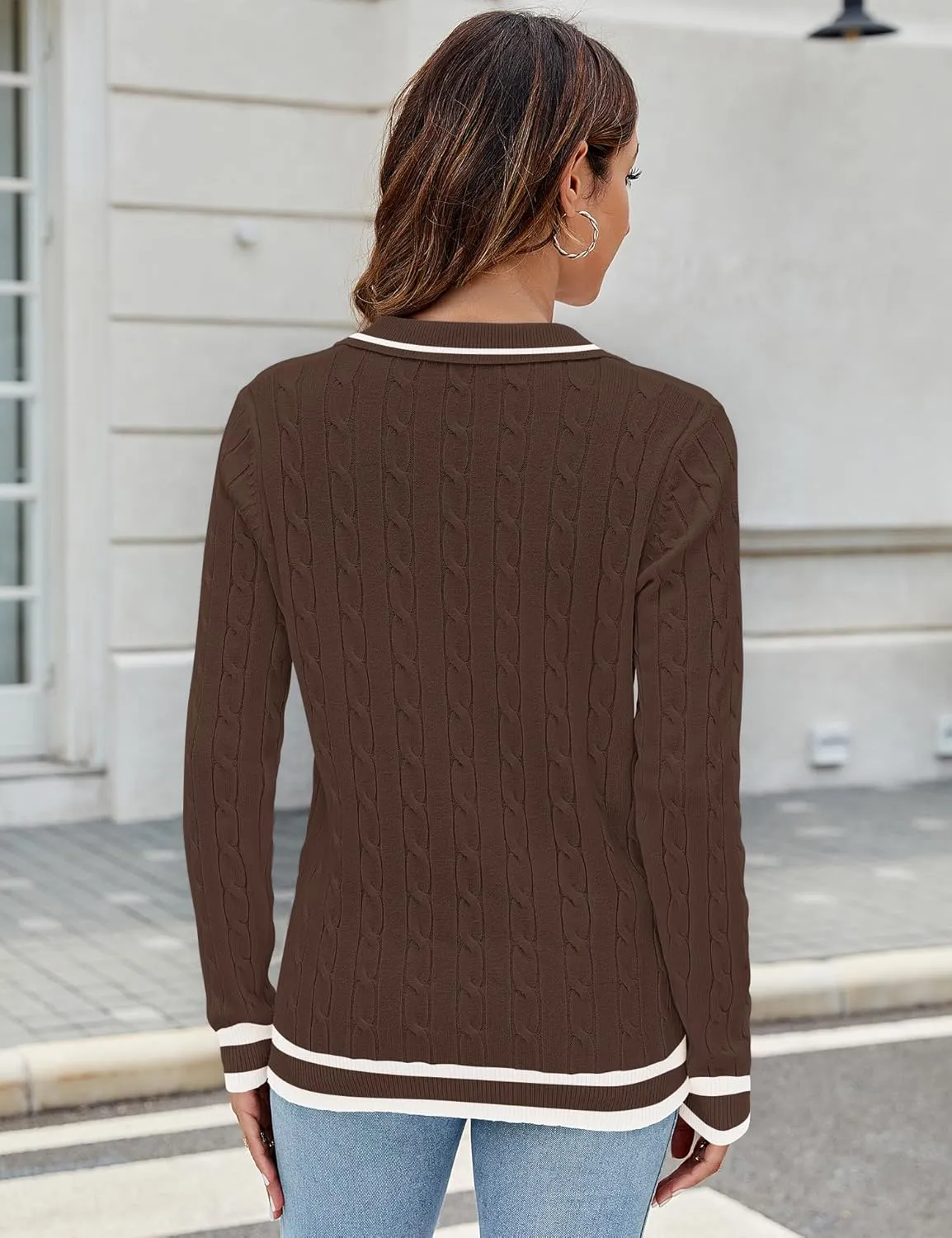 Micoson Womens Fall Long Sleeve Sweaters Lapel V Neck Cable Knitted Pullover Casual Soft Jumper Top