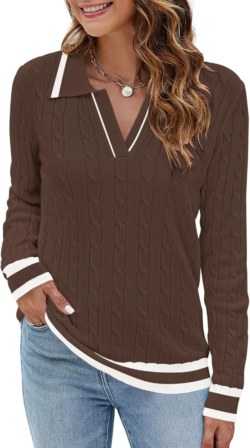 Micoson Womens Fall Long Sleeve Sweaters Lapel V Neck Cable Knitted Pullover Casual Soft Jumper Top