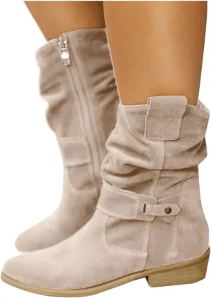 Mid Calf Boots Low Heel Boots for Women ，Low Heel Breathable Winter Zipper Booties，Fashionable Classic Black Ankle Boots