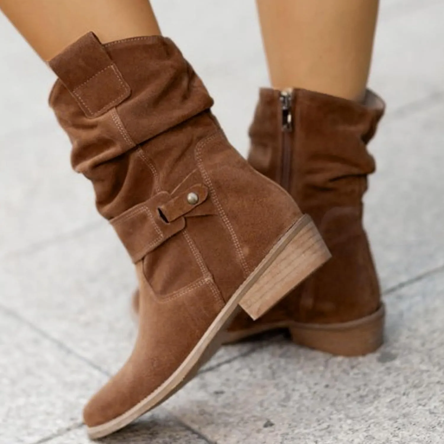 Mid Calf Boots Low Heel Boots for Women ，Low Heel Breathable Winter Zipper Booties，Fashionable Classic Black Ankle Boots