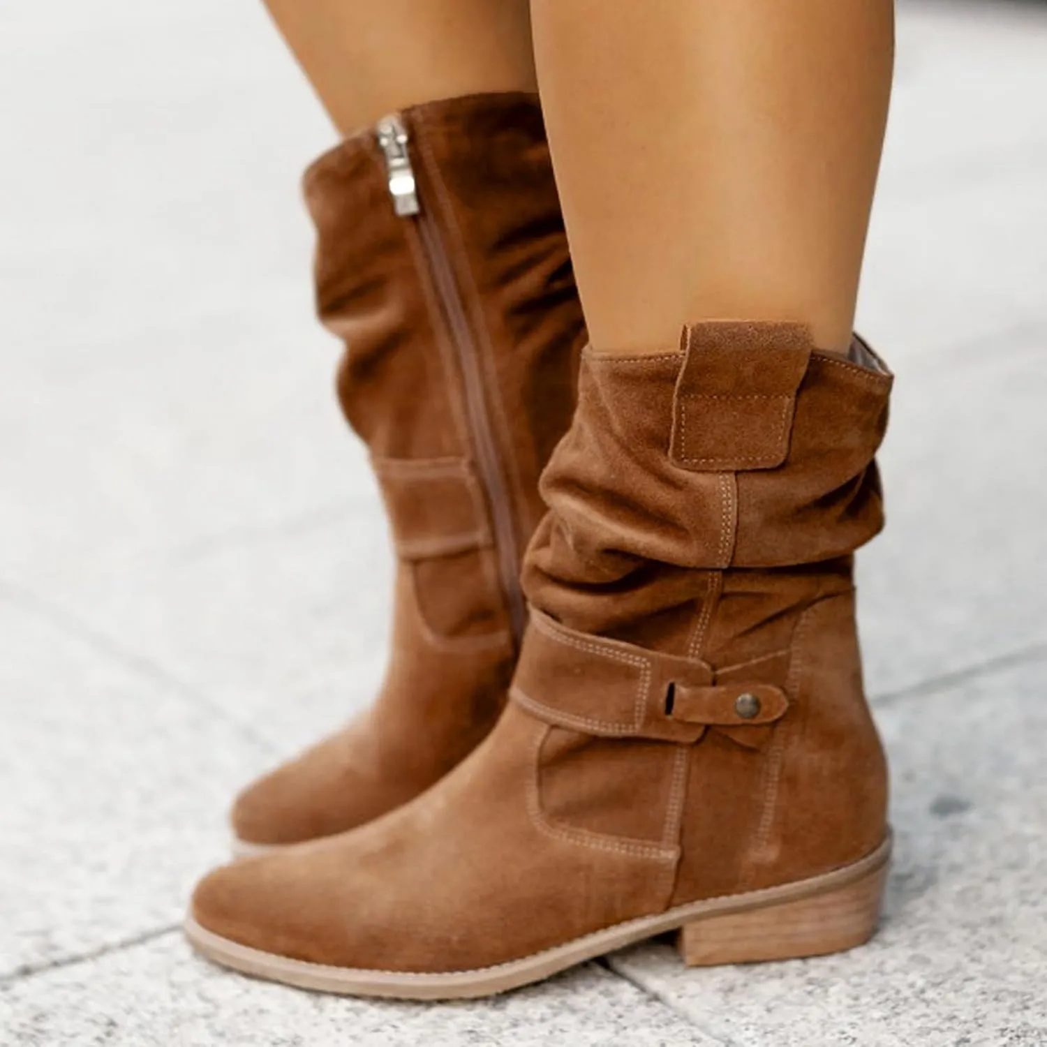 Mid Calf Boots Low Heel Boots for Women ，Low Heel Breathable Winter Zipper Booties，Fashionable Classic Black Ankle Boots