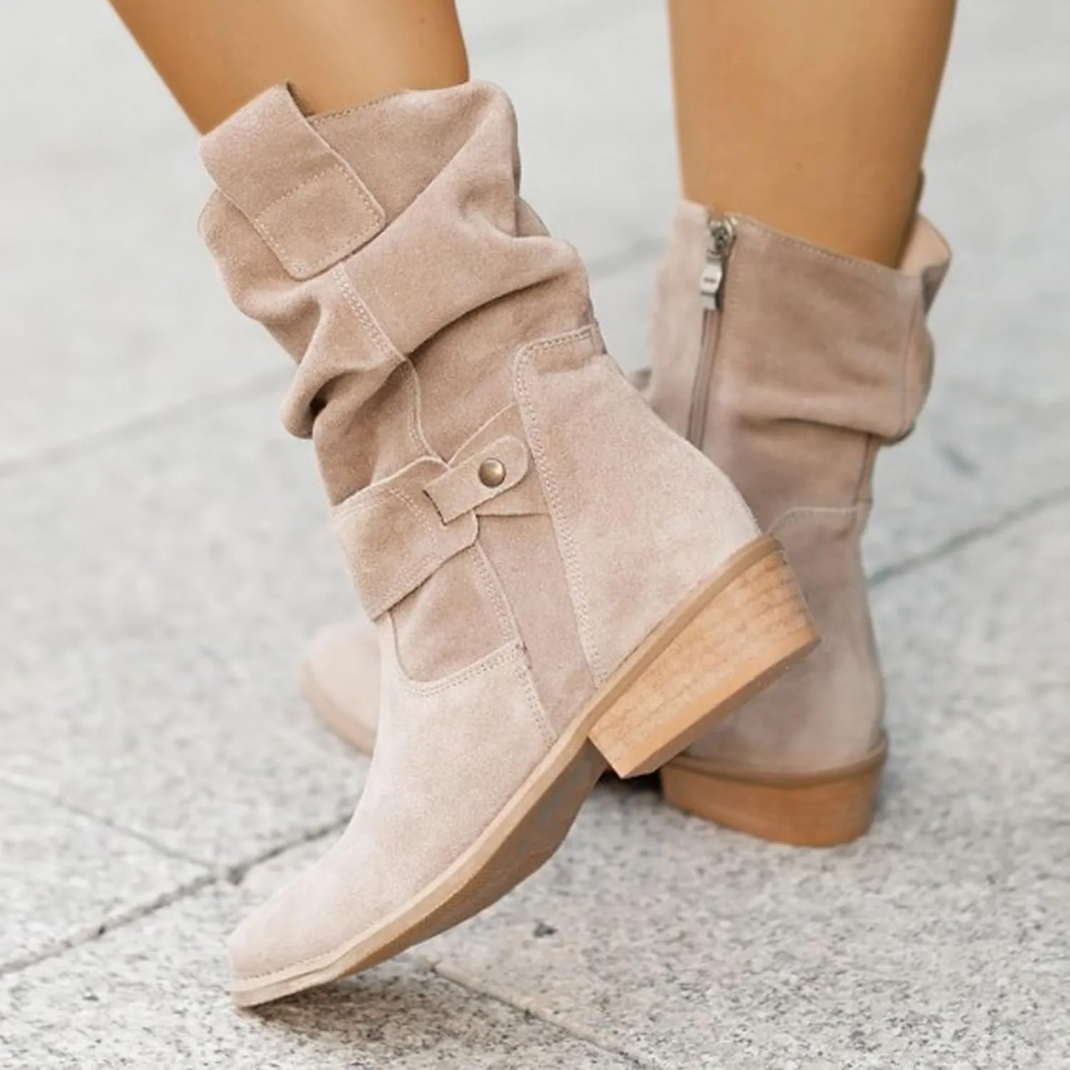 Mid Calf Boots Low Heel Boots for Women ，Low Heel Breathable Winter Zipper Booties，Fashionable Classic Black Ankle Boots