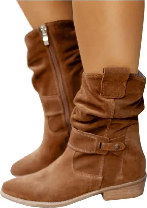 Mid Calf Boots Low Heel Boots for Women ，Low Heel Breathable Winter Zipper Booties，Fashionable Classic Black Ankle Boots