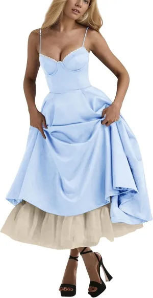 Midi Corset Dress for Women 2025 Fall Elegant Tulle Vintage Party Dress Flowy Pleated Hem Low Cut Prom Dresses