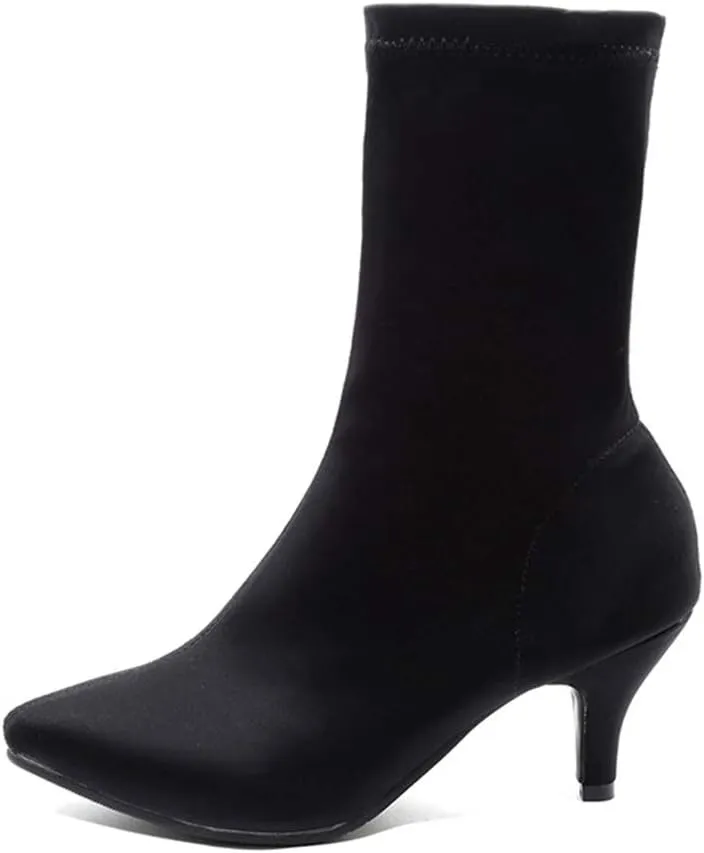 MIOKE Women's Pointed Toe Stretch Ankle Boots Fashion Comfy Kitten Low Heel Pull On Dressy Short Booties
