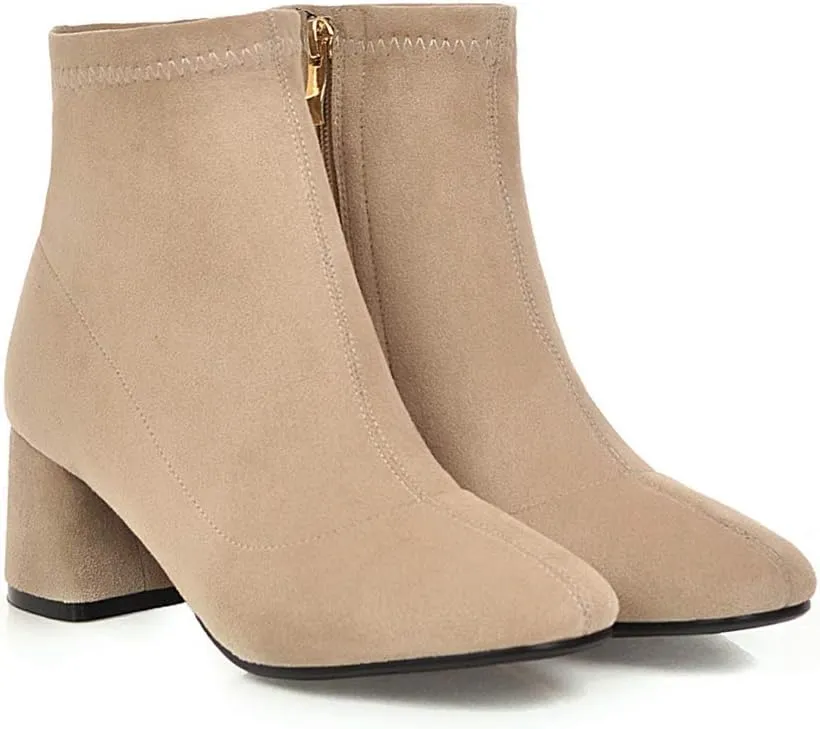 MIOKE Women's Square Toe Stretch Ankle Boots Vegan Suede Zipper Chunky Block Mid Heel Dressy Short Booties