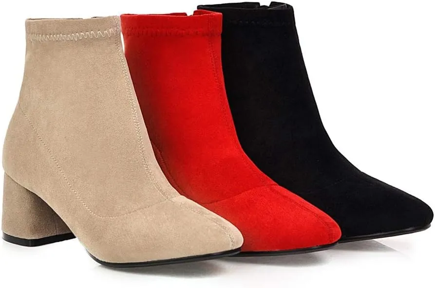 MIOKE Women's Square Toe Stretch Ankle Boots Vegan Suede Zipper Chunky Block Mid Heel Dressy Short Booties