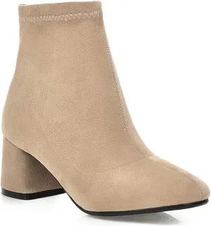 MIOKE Women's Square Toe Stretch Ankle Boots Vegan Suede Zipper Chunky Block Mid Heel Dressy Short Booties
