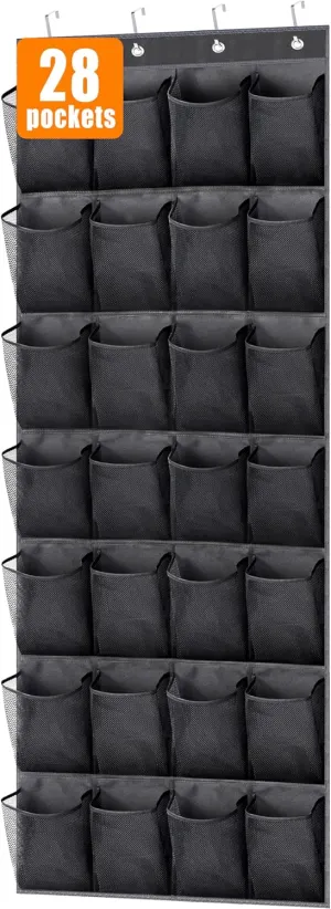 MISSLO 28 Large Pockets Hanging Shoe Organizer Over The Door Shoe Rack for Closet Door Storage Mesh Shoe Holder Hanger for Men, Black