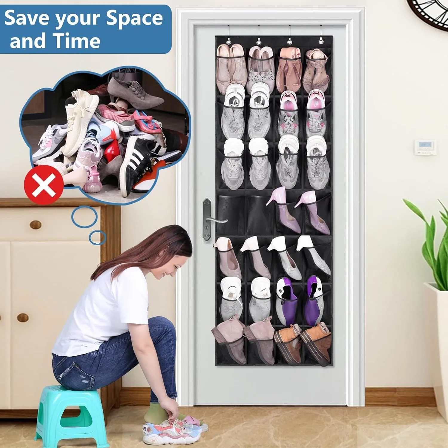 MISSLO 28 Large Pockets Hanging Shoe Organizer Over The Door Shoe Rack for Closet Door Storage Mesh Shoe Holder Hanger for Men, Black
