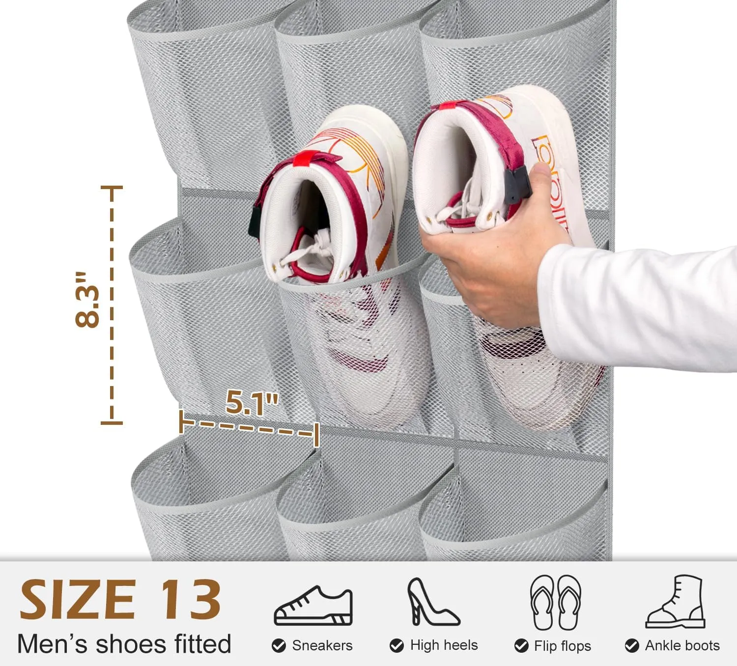 MISSLO 30 Large Pockets Dual Sided Hanging Shoe Organizer for Closet with Rotating Hanger Hanging Shoe Shelves, Grey