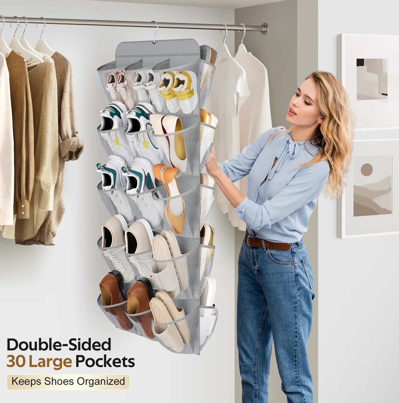 MISSLO 30 Large Pockets Dual Sided Hanging Shoe Organizer for Closet with Rotating Hanger Hanging Shoe Shelves, Grey