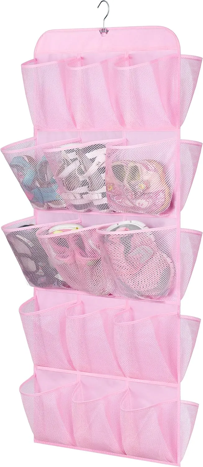 MISSLO 30 Large Pockets Dual Sided Hanging Shoe Organizer for Closet with Rotating Hanger Hanging Shoe Shelves, Pink
