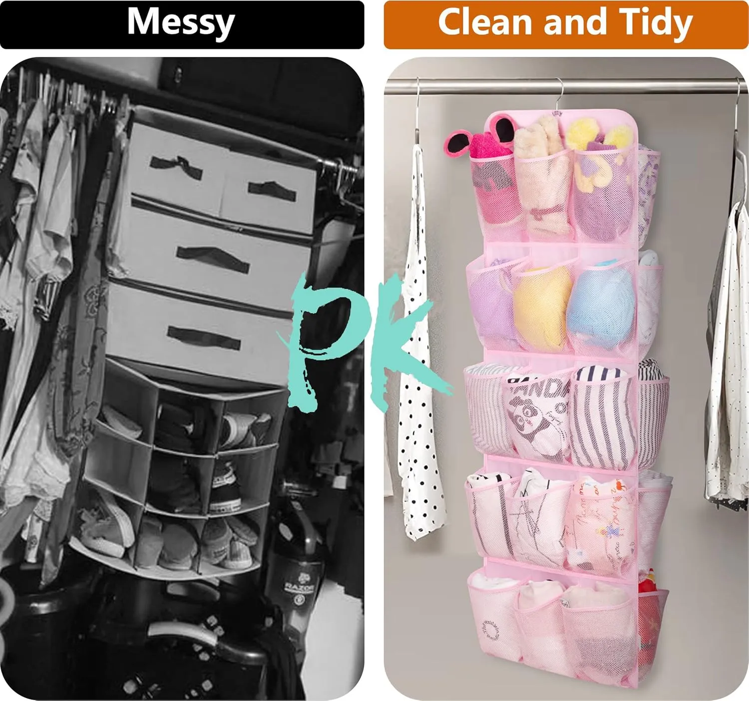 MISSLO 30 Large Pockets Dual Sided Hanging Shoe Organizer for Closet with Rotating Hanger Hanging Shoe Shelves, Pink