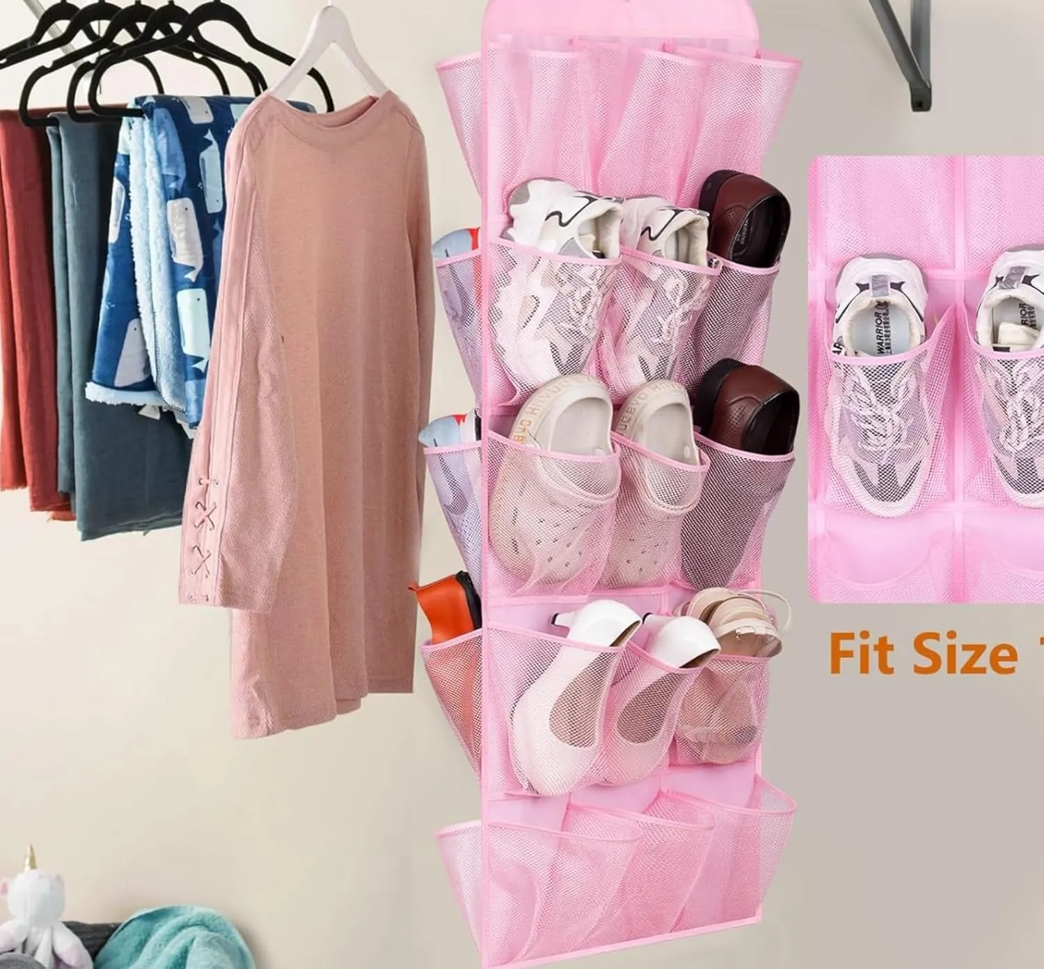 MISSLO 30 Large Pockets Dual Sided Hanging Shoe Organizer for Closet with Rotating Hanger Hanging Shoe Shelves, Pink