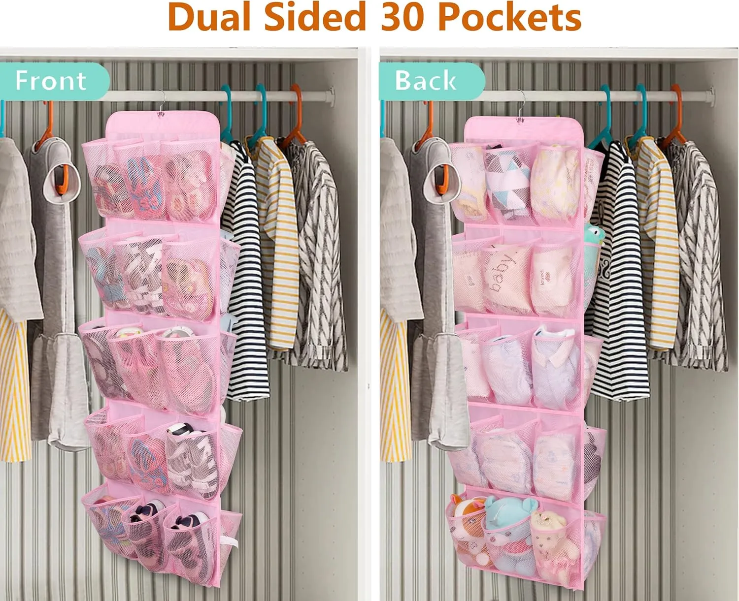 MISSLO 30 Large Pockets Dual Sided Hanging Shoe Organizer for Closet with Rotating Hanger Hanging Shoe Shelves, Pink