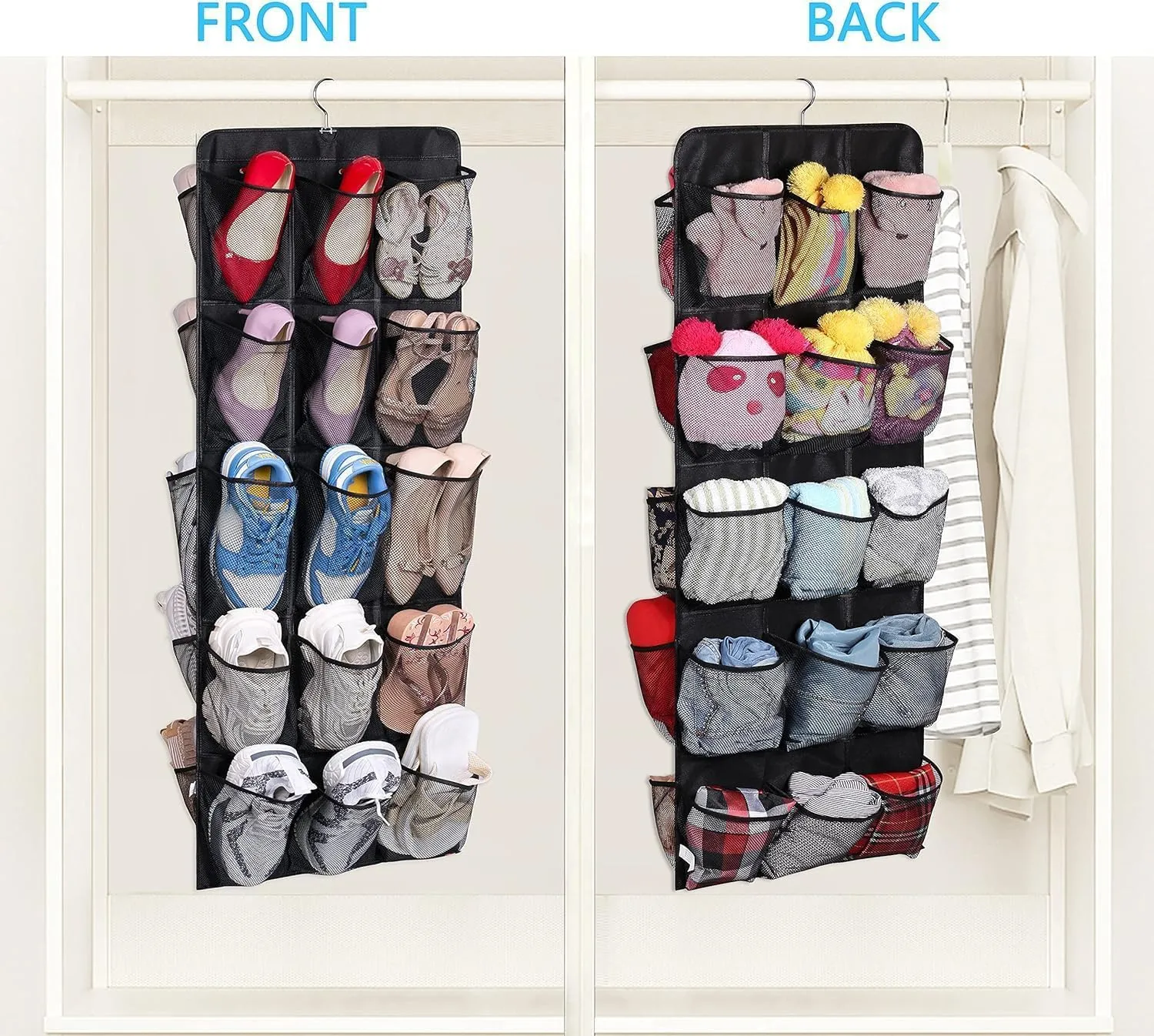 MISSLO 30 Large Pockets Dual Sided Hanging Shoe Rack for Closet Organizer with Rotating Hanger Hanging Shoe Shelves, Black