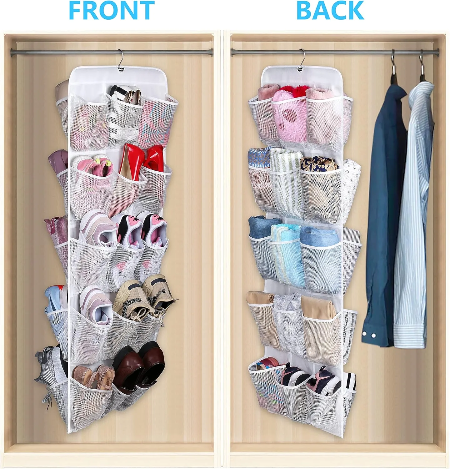 MISSLO 30 Pockets Dual Sided Hanging Baby Shoe Organizer for Closet with Rotating Hanger Hanging Shoe Shelves, White