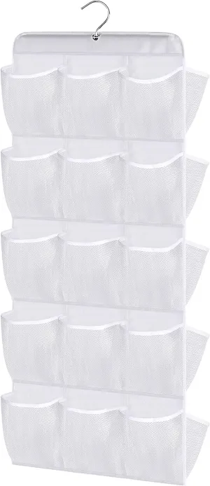 MISSLO 30 Pockets Dual Sided Hanging Baby Shoe Organizer for Closet with Rotating Hanger Hanging Shoe Shelves, White