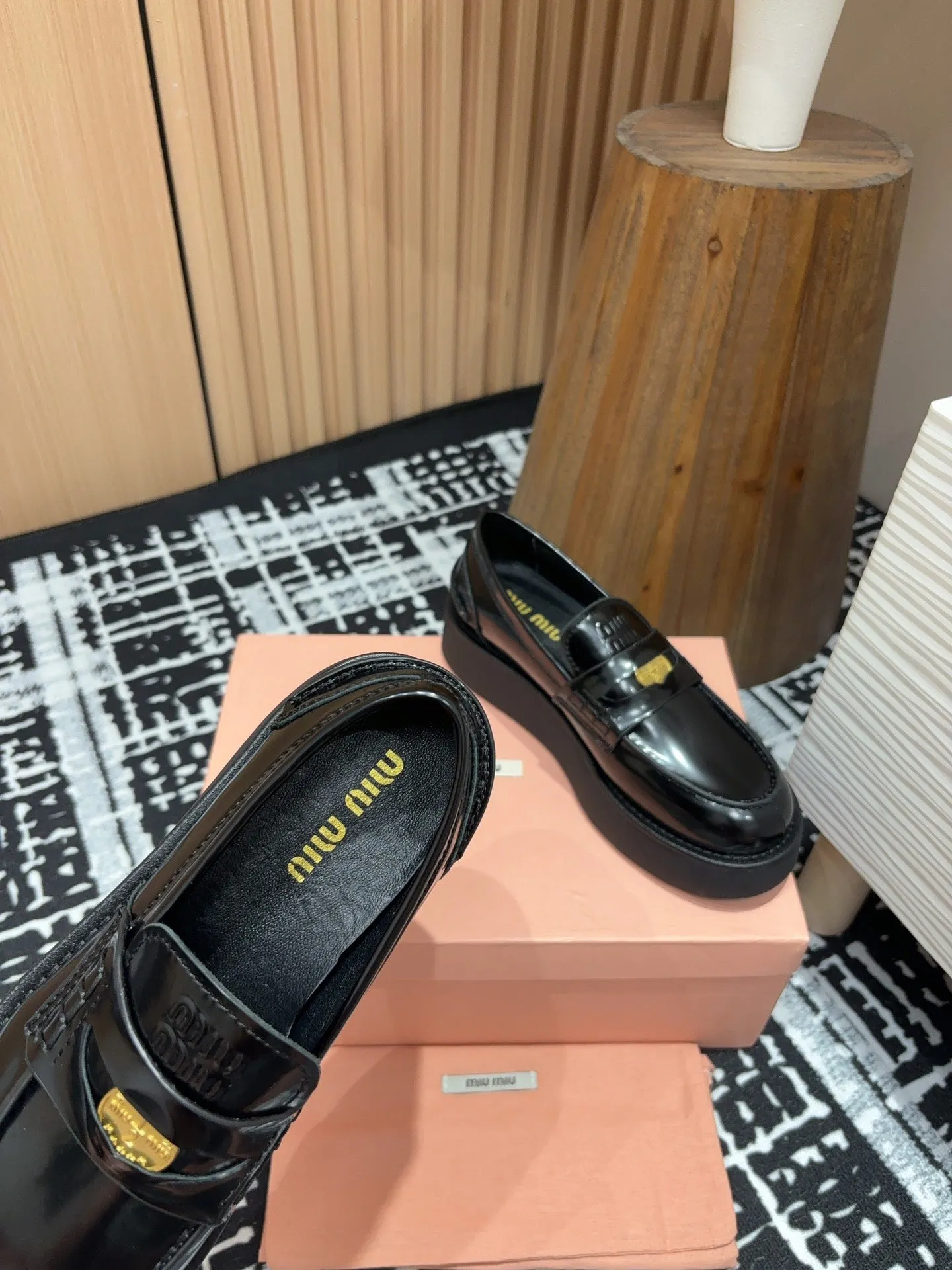 Miu Loafers Coin Shaped Thick Sole Glossy Black Cowhide