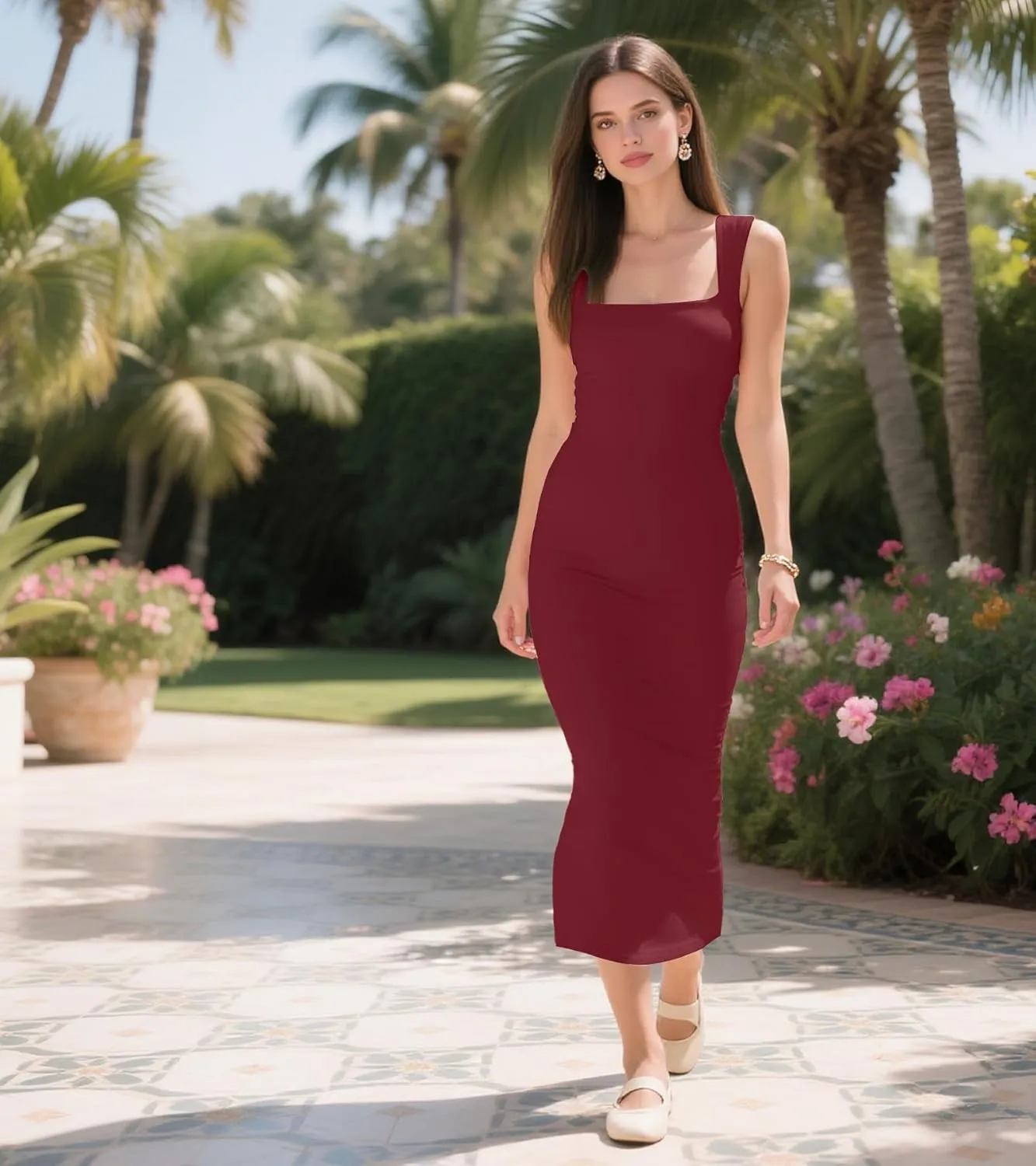 MllesReve Women Bodycon Midi Dresses Square Neck Back Slit Semi Formal Wedding Guest Dresses Party Gown
