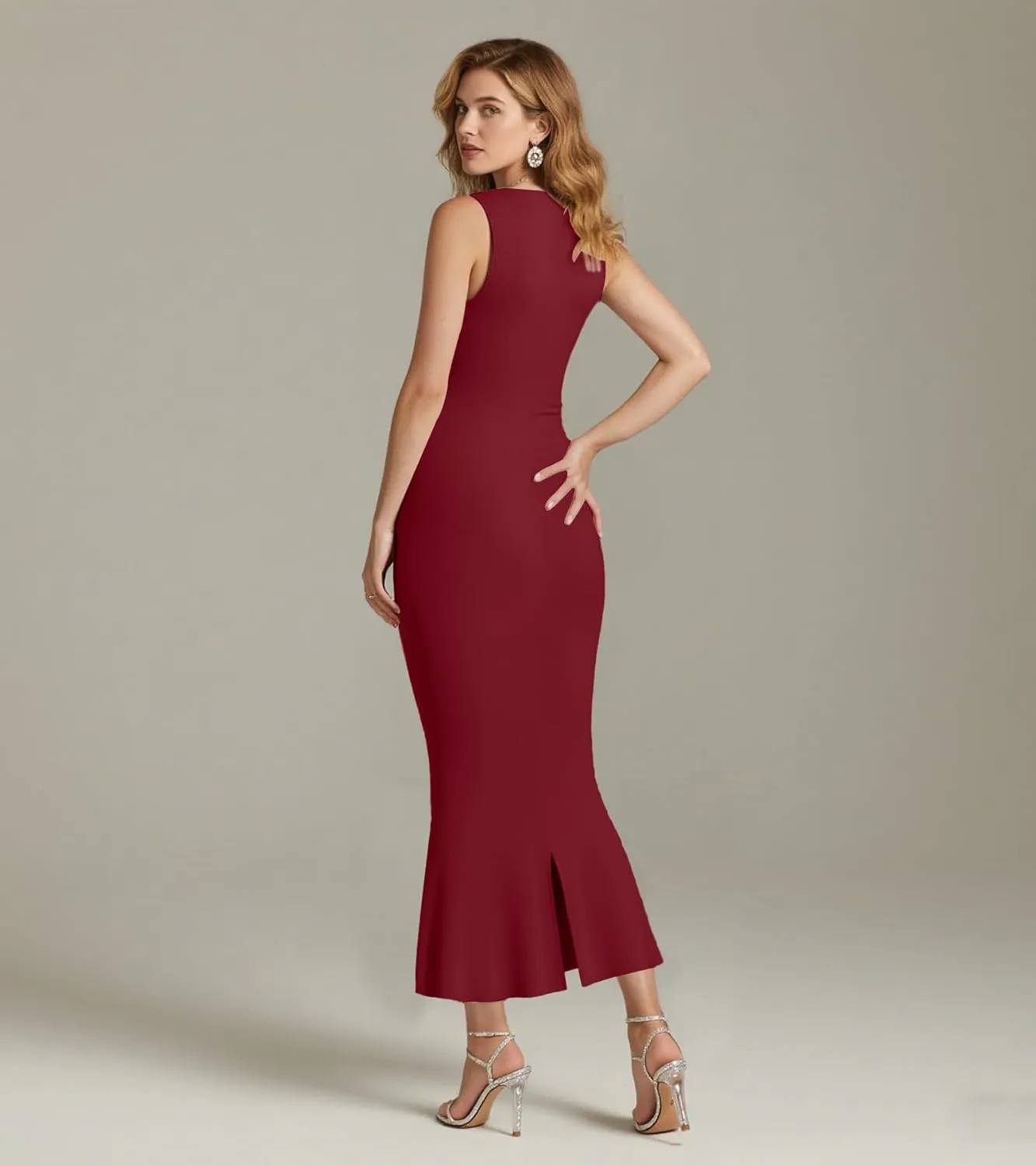 MllesReve Women Bodycon Midi Dresses Square Neck Back Slit Semi Formal Wedding Guest Dresses Party Gown