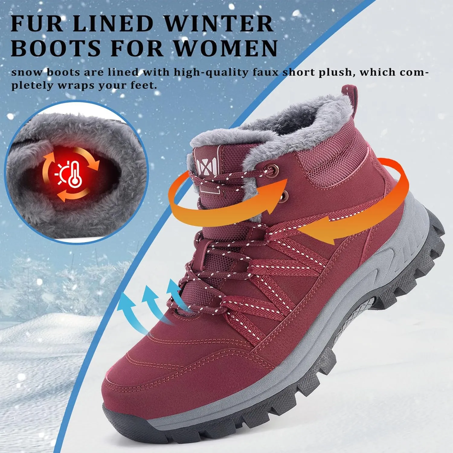 Moodeng Women Winter Boots Warm Comfortable Outdoor Ankle Boots Lace Up Hiking Boots Non-Slip Trekking Shoes