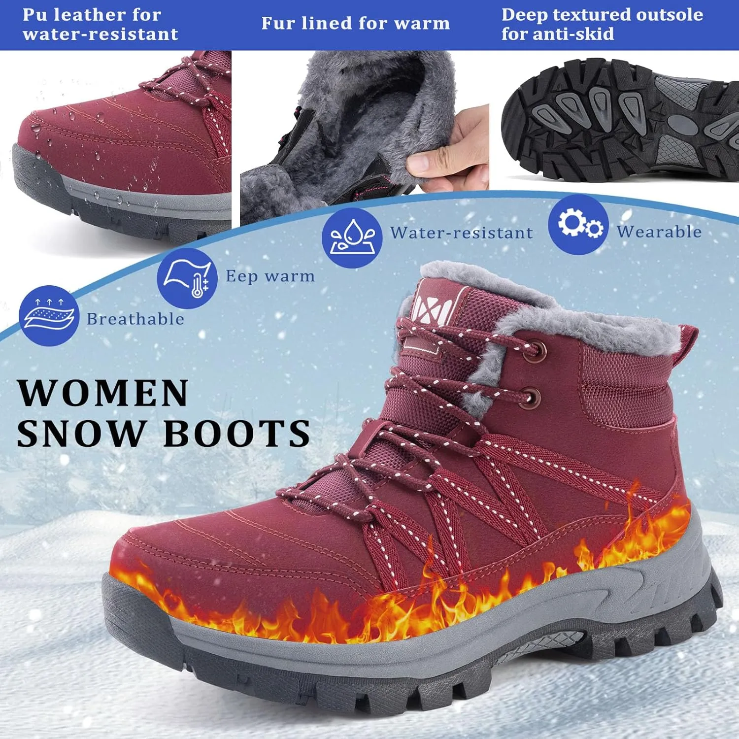 Moodeng Women Winter Boots Warm Comfortable Outdoor Ankle Boots Lace Up Hiking Boots Non-Slip Trekking Shoes