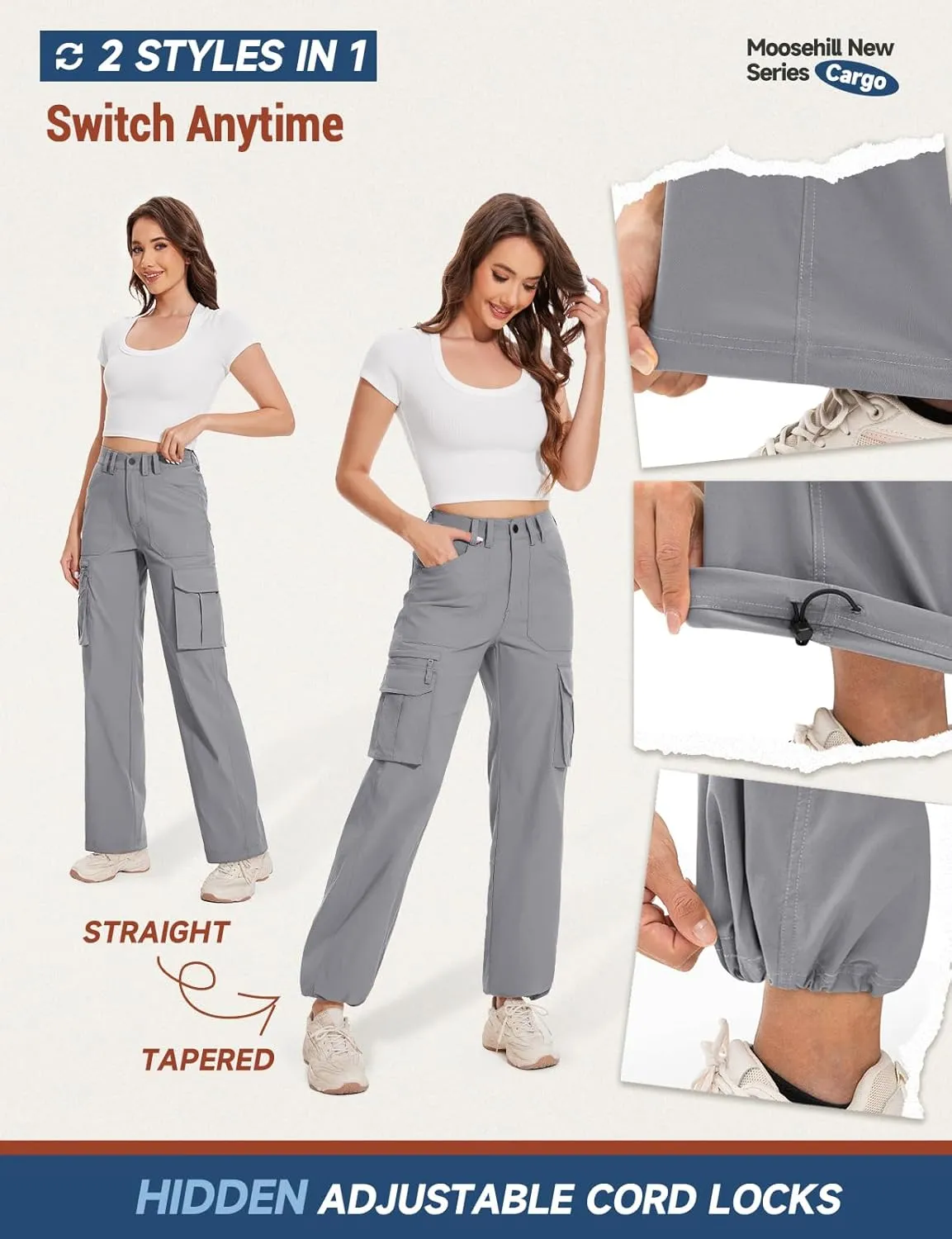 Moosehill Cargo Hiking Pants Women High Waisted Water Resistance Baggy Stretch Work Casual Travel Streetwear