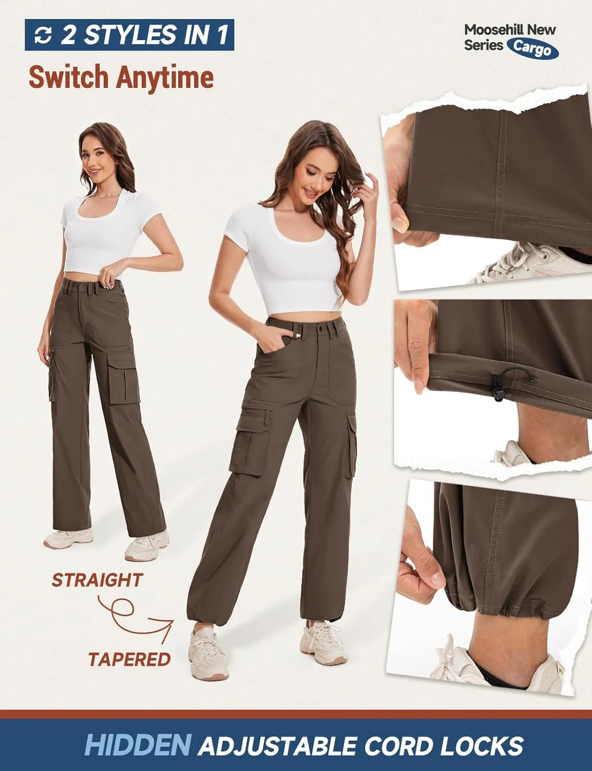 Moosehill Cargo Hiking Pants Women High Waisted Water Resistance Baggy Stretch Work Casual Travel Streetwear
