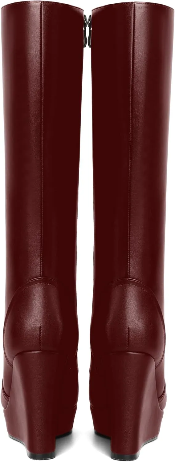 MOVINSTEPS Womens Zip Round Toe Matte Cold Weather Outdoor Solid Wedge High Heel Mid Calf Boots 4 Inch