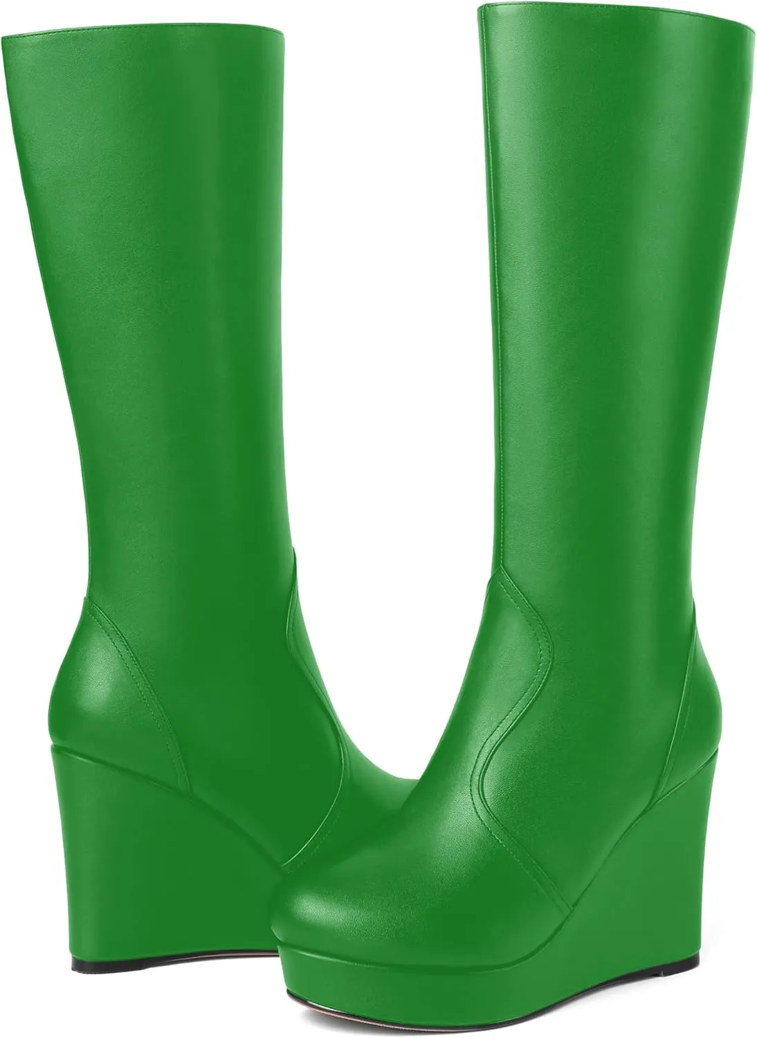 MOVINSTEPS Womens Zip Round Toe Matte Cold Weather Outdoor Solid Wedge High Heel Mid Calf Boots 4 Inch