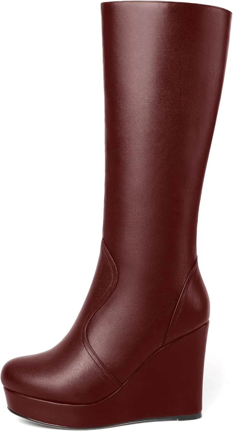 MOVINSTEPS Womens Zip Round Toe Matte Cold Weather Outdoor Solid Wedge High Heel Mid Calf Boots 4 Inch
