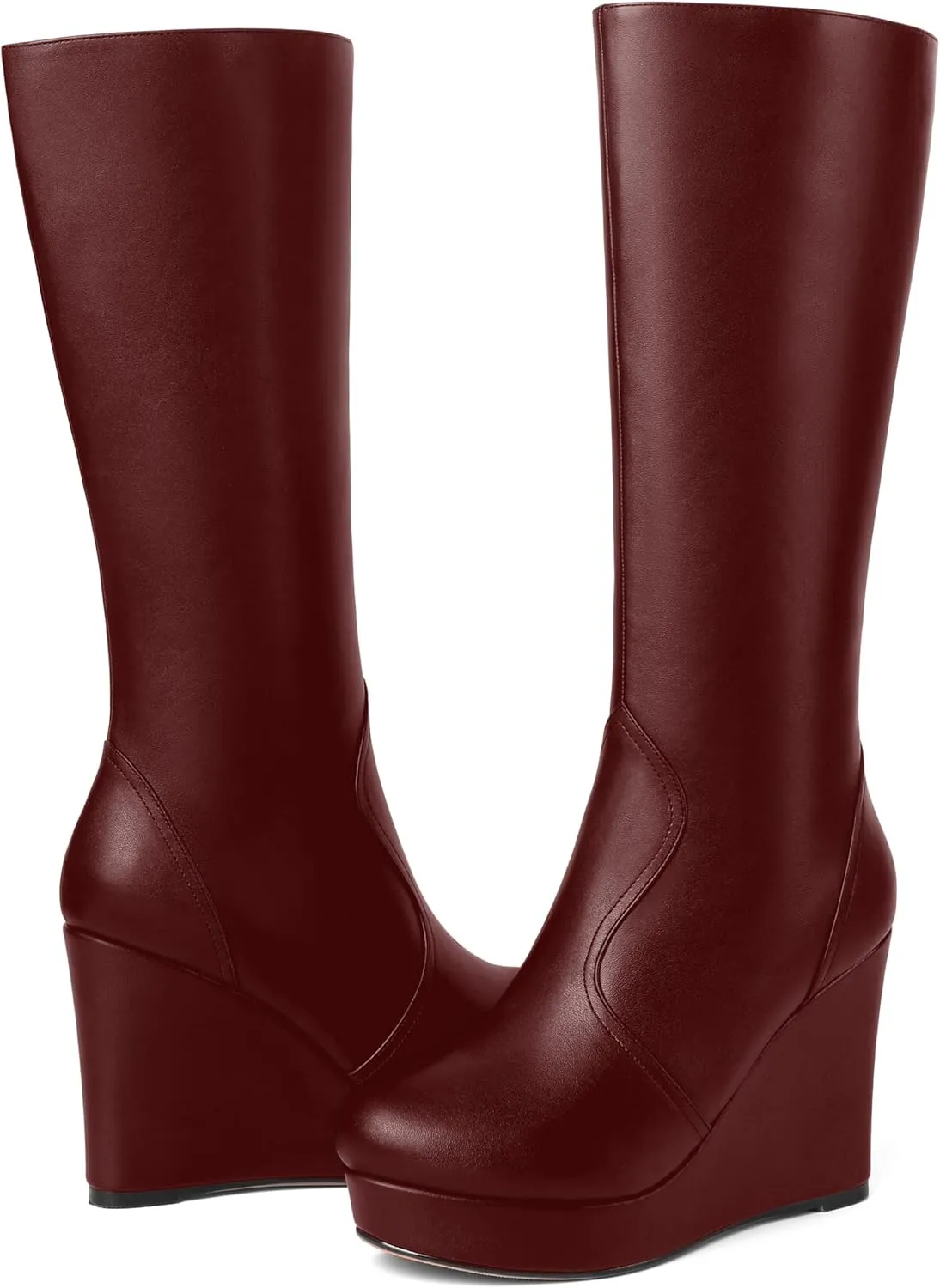 MOVINSTEPS Womens Zip Round Toe Matte Cold Weather Outdoor Solid Wedge High Heel Mid Calf Boots 4 Inch
