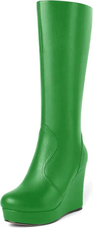 MOVINSTEPS Womens Zip Round Toe Matte Cold Weather Outdoor Solid Wedge High Heel Mid Calf Boots 4 Inch