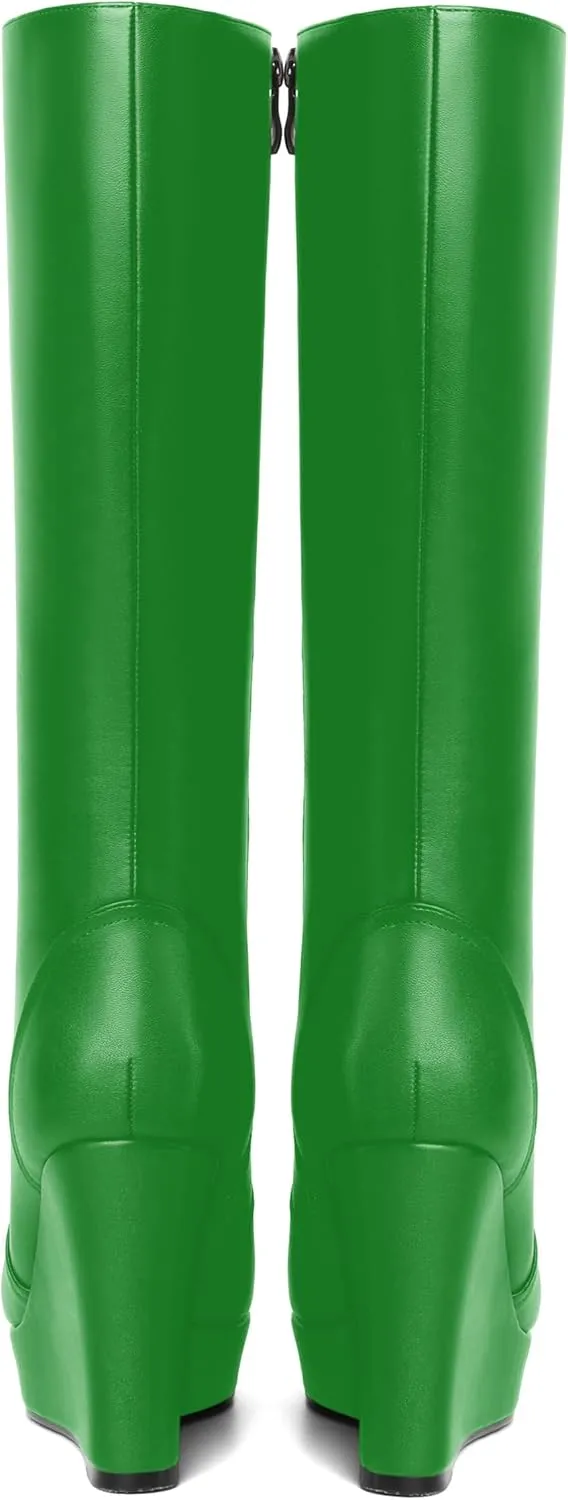 MOVINSTEPS Womens Zip Round Toe Matte Cold Weather Outdoor Solid Wedge High Heel Mid Calf Boots 4 Inch