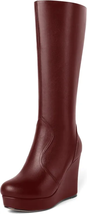 MOVINSTEPS Womens Zip Round Toe Matte Cold Weather Outdoor Solid Wedge High Heel Mid Calf Boots 4 Inch