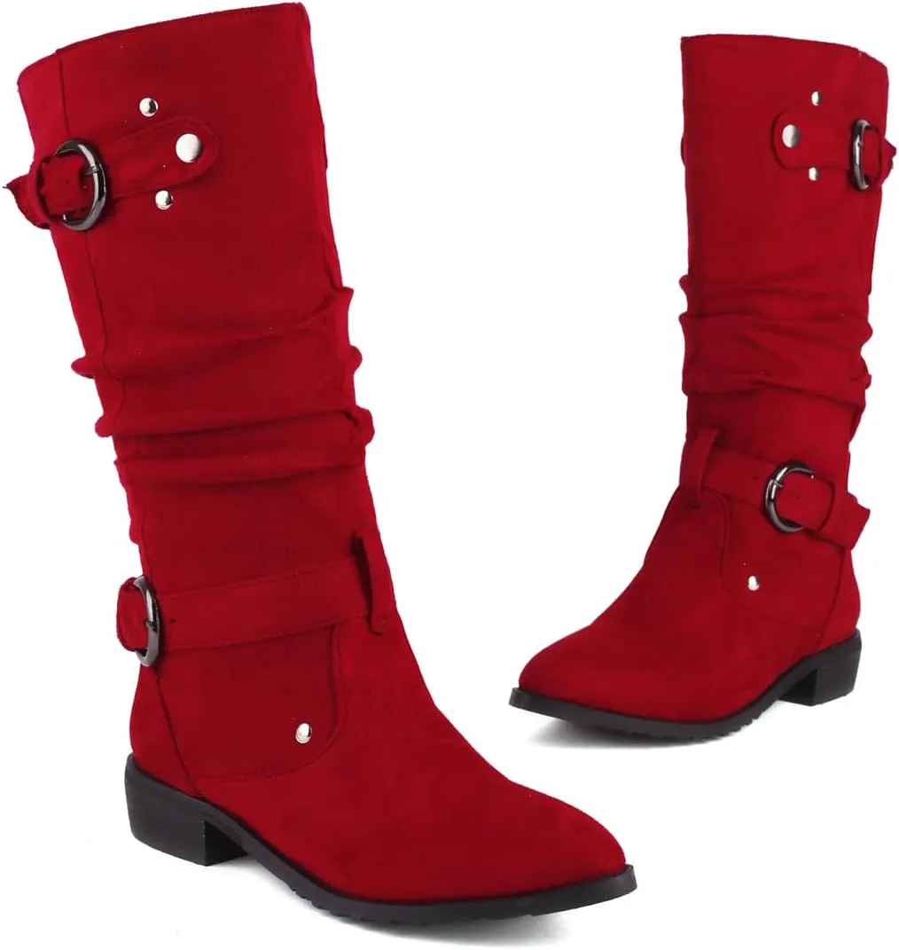 MRKEWUNEY Casual Womens Shelley Knee High Slouch Boots Pull On Internal Increase Pleated Mid Calf Boots