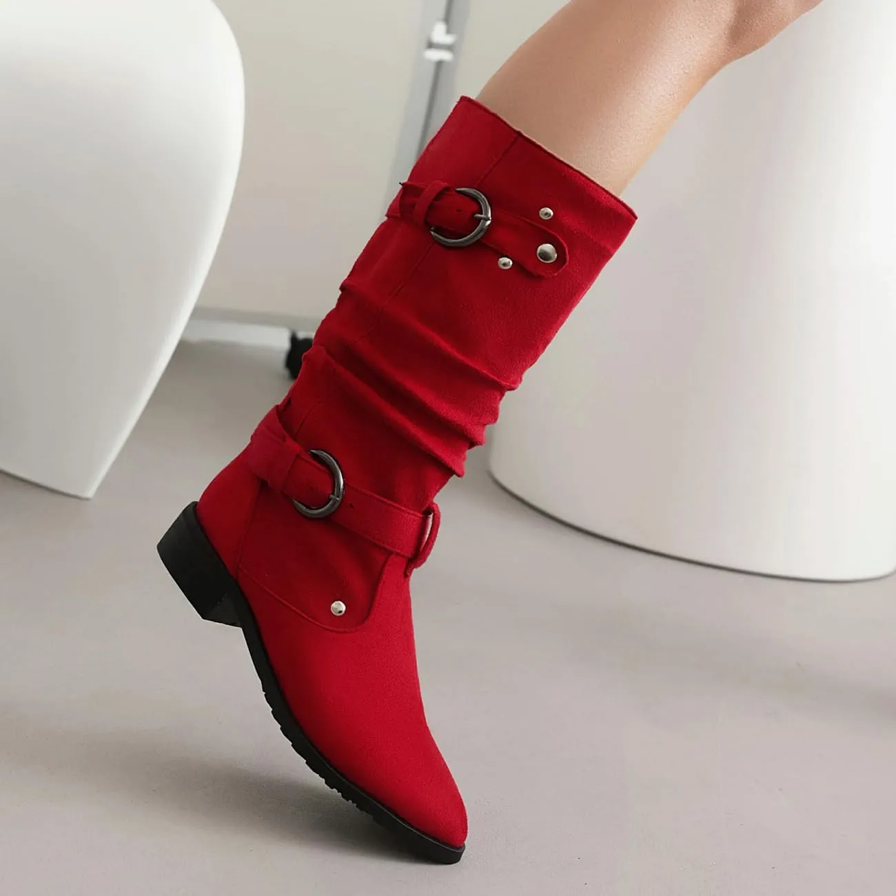 MRKEWUNEY Casual Womens Shelley Knee High Slouch Boots Pull On Internal Increase Pleated Mid Calf Boots