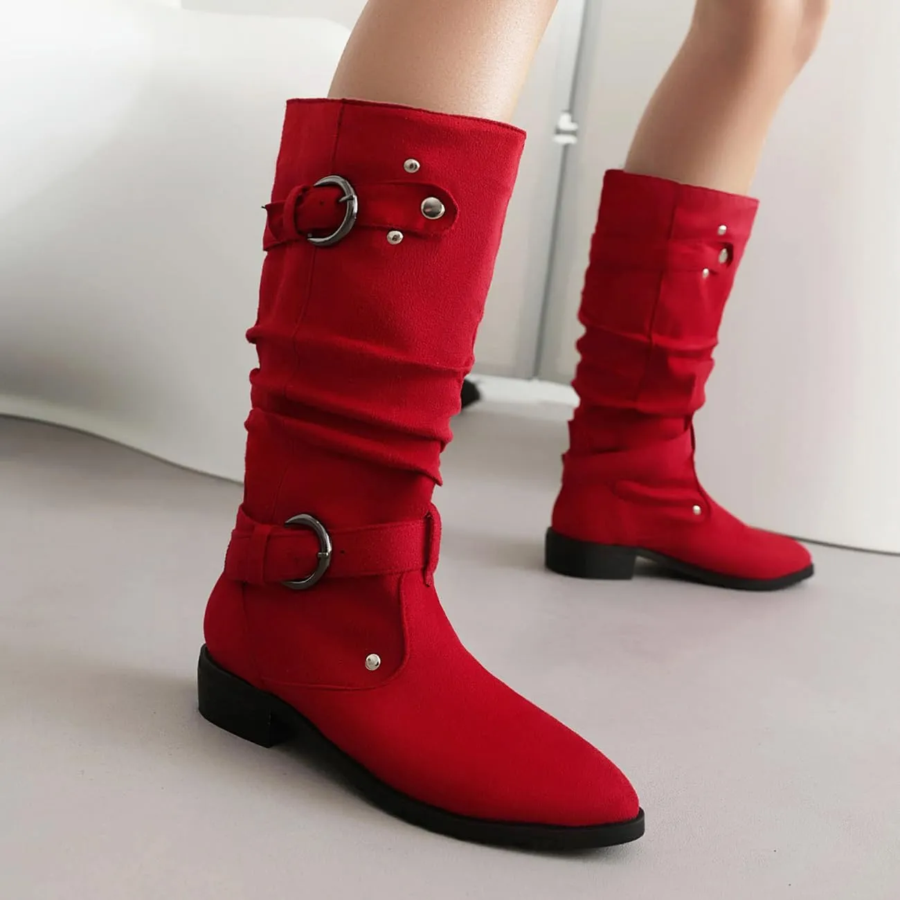 MRKEWUNEY Casual Womens Shelley Knee High Slouch Boots Pull On Internal Increase Pleated Mid Calf Boots