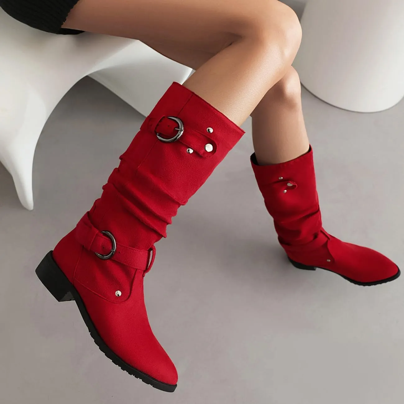 MRKEWUNEY Casual Womens Shelley Knee High Slouch Boots Pull On Internal Increase Pleated Mid Calf Boots