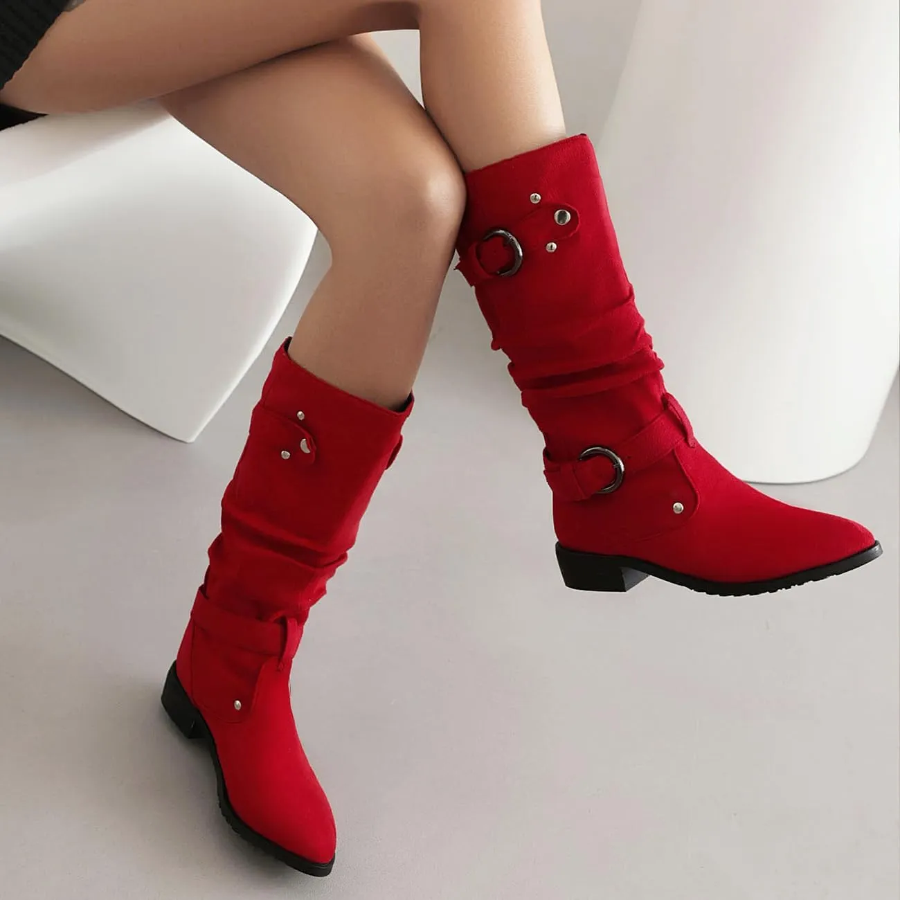 MRKEWUNEY Casual Womens Shelley Knee High Slouch Boots Pull On Internal Increase Pleated Mid Calf Boots