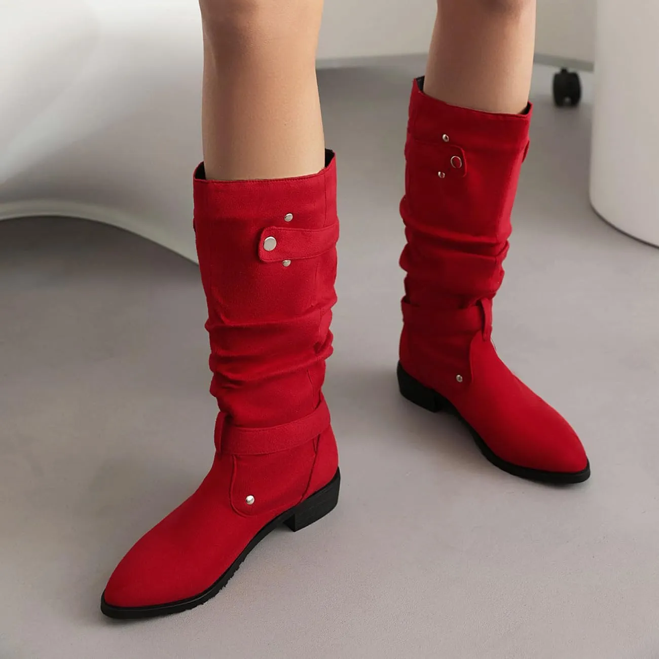 MRKEWUNEY Casual Womens Shelley Knee High Slouch Boots Pull On Internal Increase Pleated Mid Calf Boots