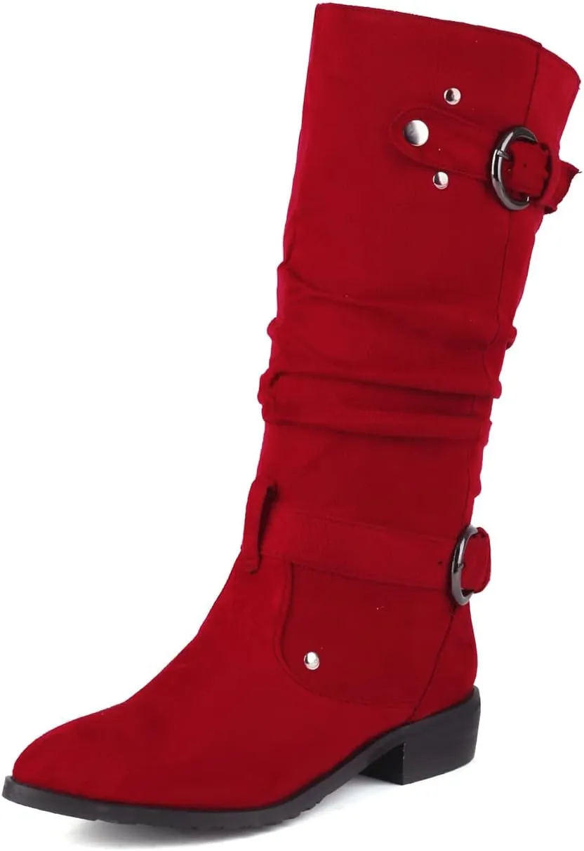 MRKEWUNEY Casual Womens Shelley Knee High Slouch Boots Pull On Internal Increase Pleated Mid Calf Boots